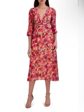 Julia Jordan Pink Floral V-Neck Cutout Midi Dress. Size 8